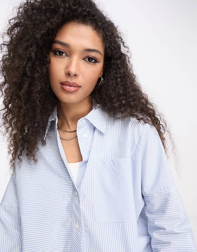 River Island cropped stripe poplin shirt in blue